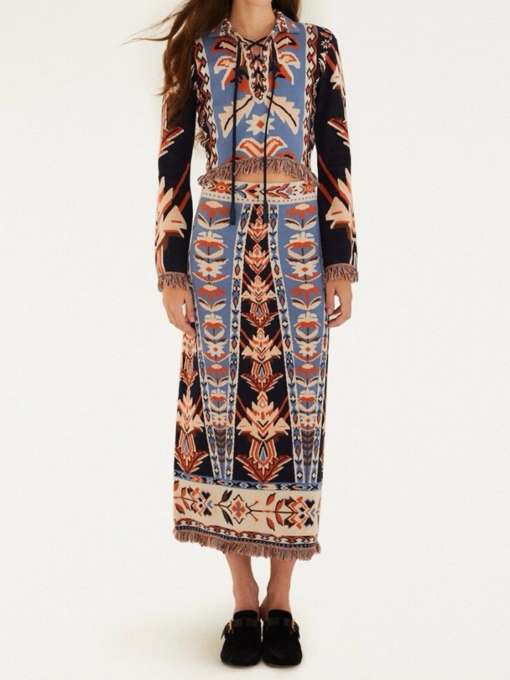 NWT FARM Rio Multicolor Tapestry Fringes Knit Midi Skirt size small reg $180 - Picture 3 of 10